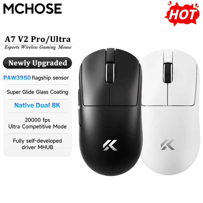 Rato Gaming Sem Fios MCHOSE A7 V2 Ultra / Pro Leve Dual 8000Hz PAW3950 TI 42000DPI para PC e Jogadores de E-sports