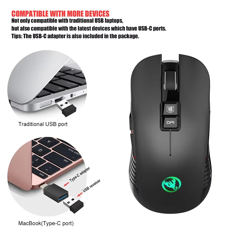 Rato sem fios recarregável por USB para destros, rato Type-C para portátil e computador, clique silencioso, retroiluminado, rato gaming 3600cpi