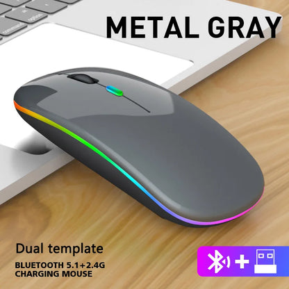 Wireless Mouse with Bluetooth and 2.4GHz Dual Modes Rechargeable RGB Ergonomic Silent Click for PC iPad Laptop Cell Phone TV