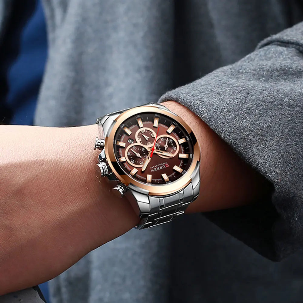 CURREN kronografur til mænd, stor urskive på 48 mm, armbånd i rustfrit stål, tre subskiver, sportsarmbåndsur med kvartsværk, luksuriøs stil