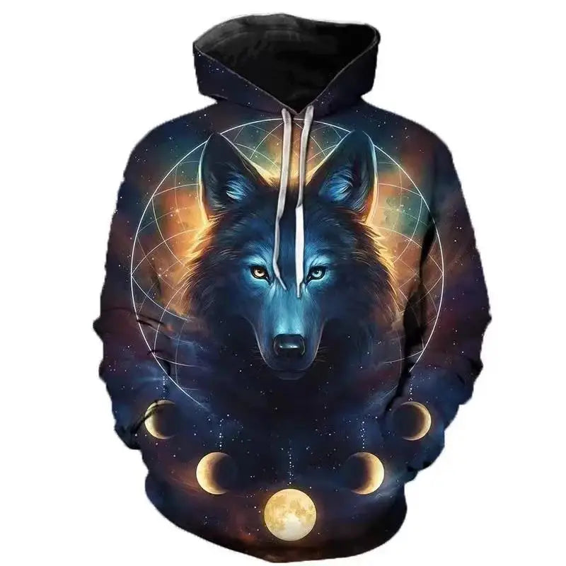Sweatshirt com capuz masculina Lover Wolf, nova moda de outono 2023, padrão 3D, corte solto, estilo streetwear divertido de marca