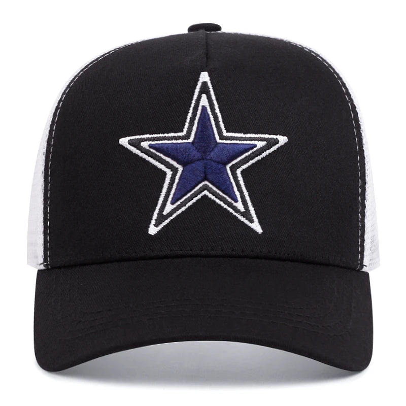 Simbolo semplice: stella a cinque punte. Ricamo. Cappellino da baseball da esterno. Traspirabilità estiva. Cappellino hip hop in rete. Cappellino da camionista.