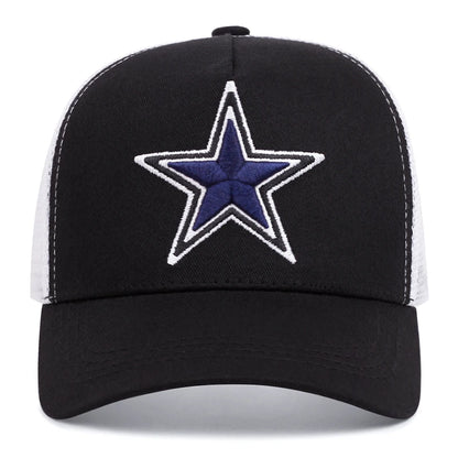 Simbolo semplice: stella a cinque punte. Ricamo. Cappellino da baseball da esterno. Traspirabilità estiva. Cappellino hip hop in rete. Cappellino da camionista.