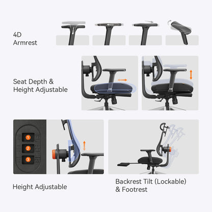 NEWTRAL MagicH-BPro Ergonomic Office Chair with Footrest, Auto-Following Backrest, Adjustable Lumbar Support, Executive Mesh Chair