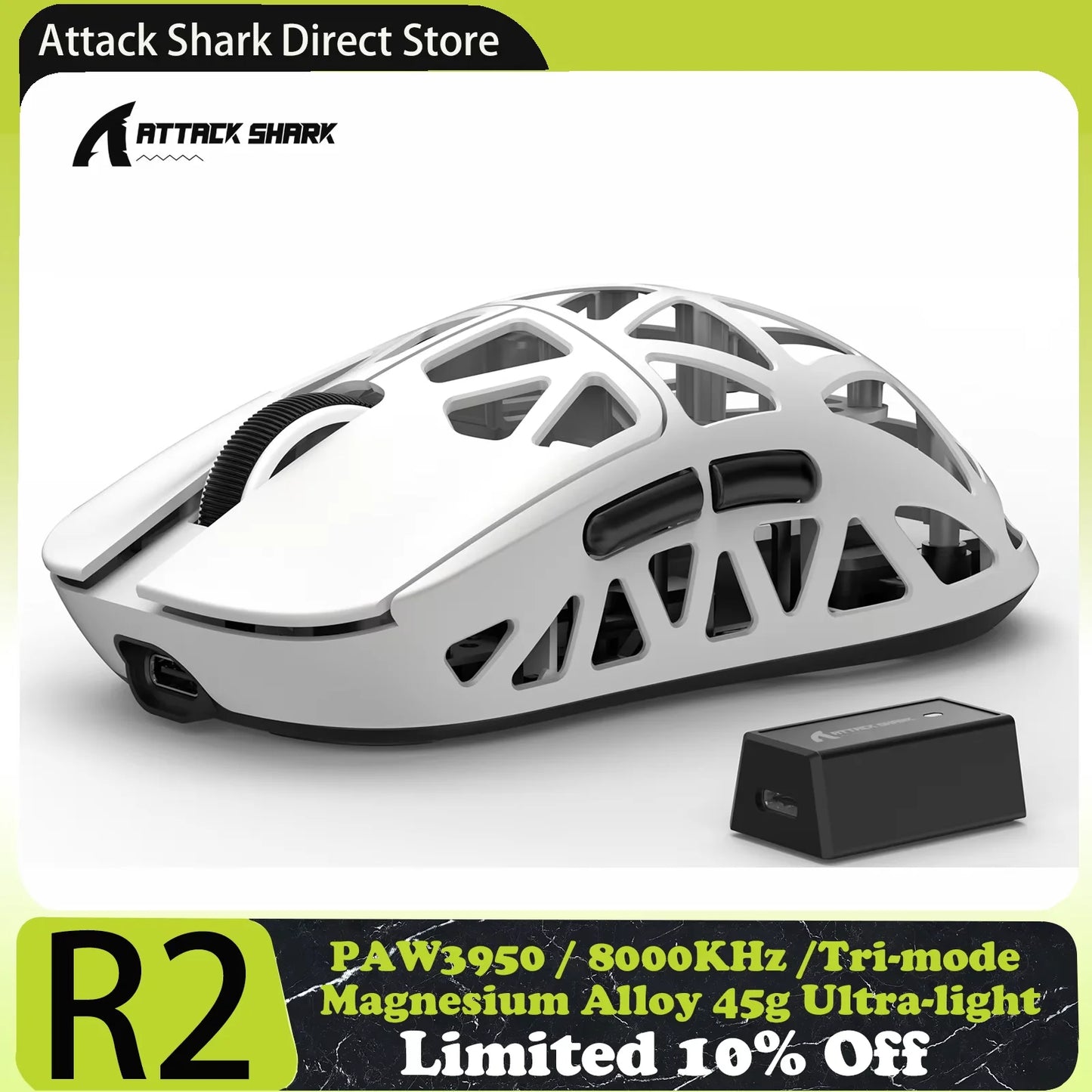 ATTACK SHARK R2 gamingmus i magnesiumlegering PAW3950, tri-mode, 8000hz, 42000 DPI, 45g ultralätt, mikrobrytare med 100M klick