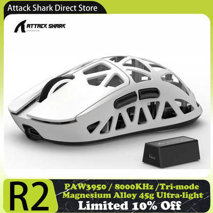 ATTACK SHARK R2 gamingmus i magnesiumlegering PAW3950, tri-mode, 8000hz, 42000 DPI, 45g ultralätt, mikrobrytare med 100M klick