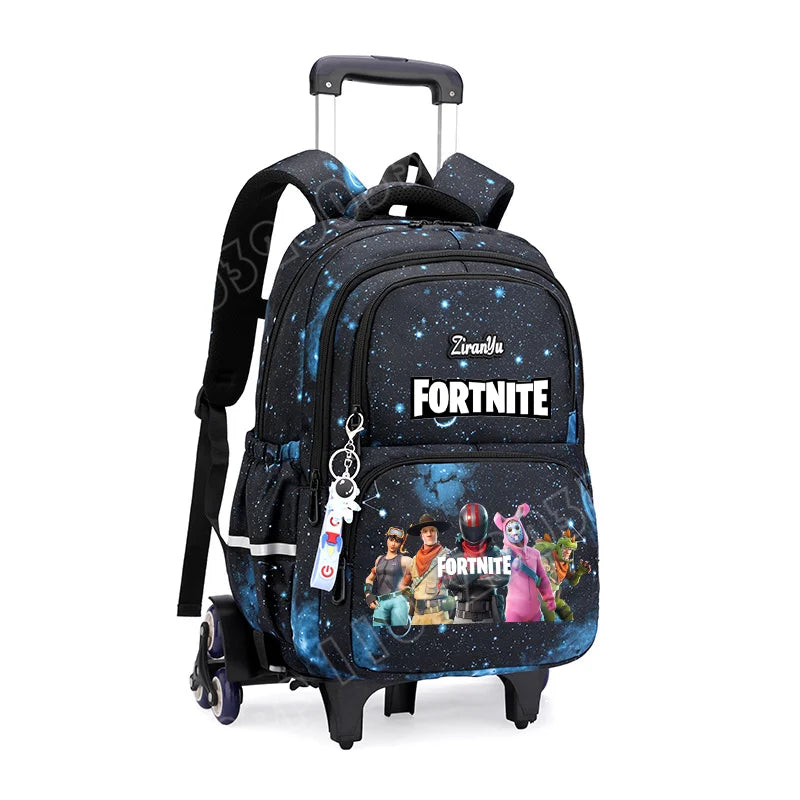 Mochila com Rodas Fortnite Anime, Impermeável, de Grande Capacidade, para Estudante — Saco Escolar Casual de Viagem com Carrinho e Subida Fácil de Escadas