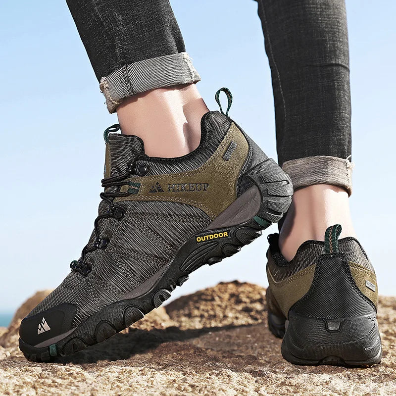 HIKEUP Pantofi de drumeție pentru bărbați, pentru patru sezoane, sport outdoor, piele naturală, rezistenți la uzură, pantofi de escaladă cu talpă din cauciuc, sneakeri de trekking