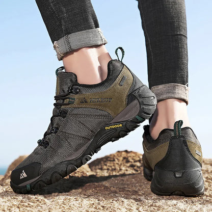 HIKEUP Pantofi de drumeție pentru bărbați, pentru patru sezoane, sport outdoor, piele naturală, rezistenți la uzură, pantofi de escaladă cu talpă din cauciuc, sneakeri de trekking