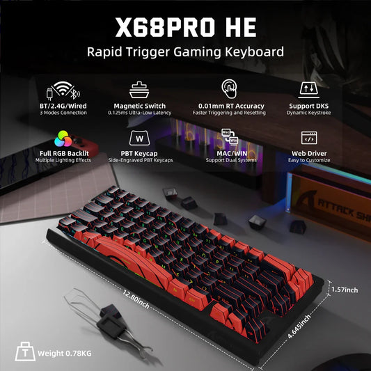 Teclado Gaming ATTACK SHARK X68PRO HE sem fios com Rapid Trigger, atuação ajustável, Hot-Swap, retroiluminação RGB, BT/2.4GHz/com fios