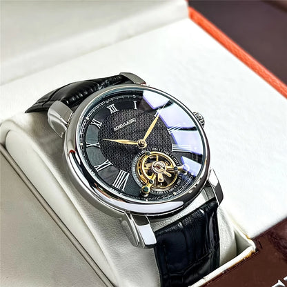 Automatisch mechanisch herenhorloge – Elegant opengewerkt ontwerp, trendy ‘business casual’-stijl, behuizing van legering en leren band, zonder batterij
