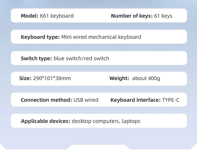61 Keys RGB Mechanical Keyboard Wired K61 Mini Keyboard 60% Portable Black, White, Red/Blue Switch for Gaming/Work