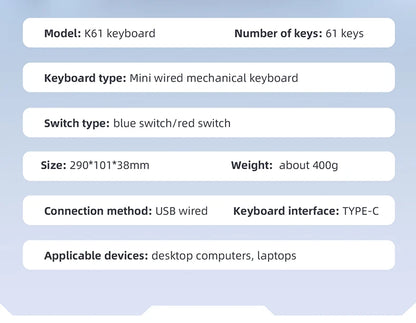 61 Keys RGB Mechanical Keyboard Wired K61 Mini Keyboard 60% Portable Black, White, Red/Blue Switch for Gaming/Work