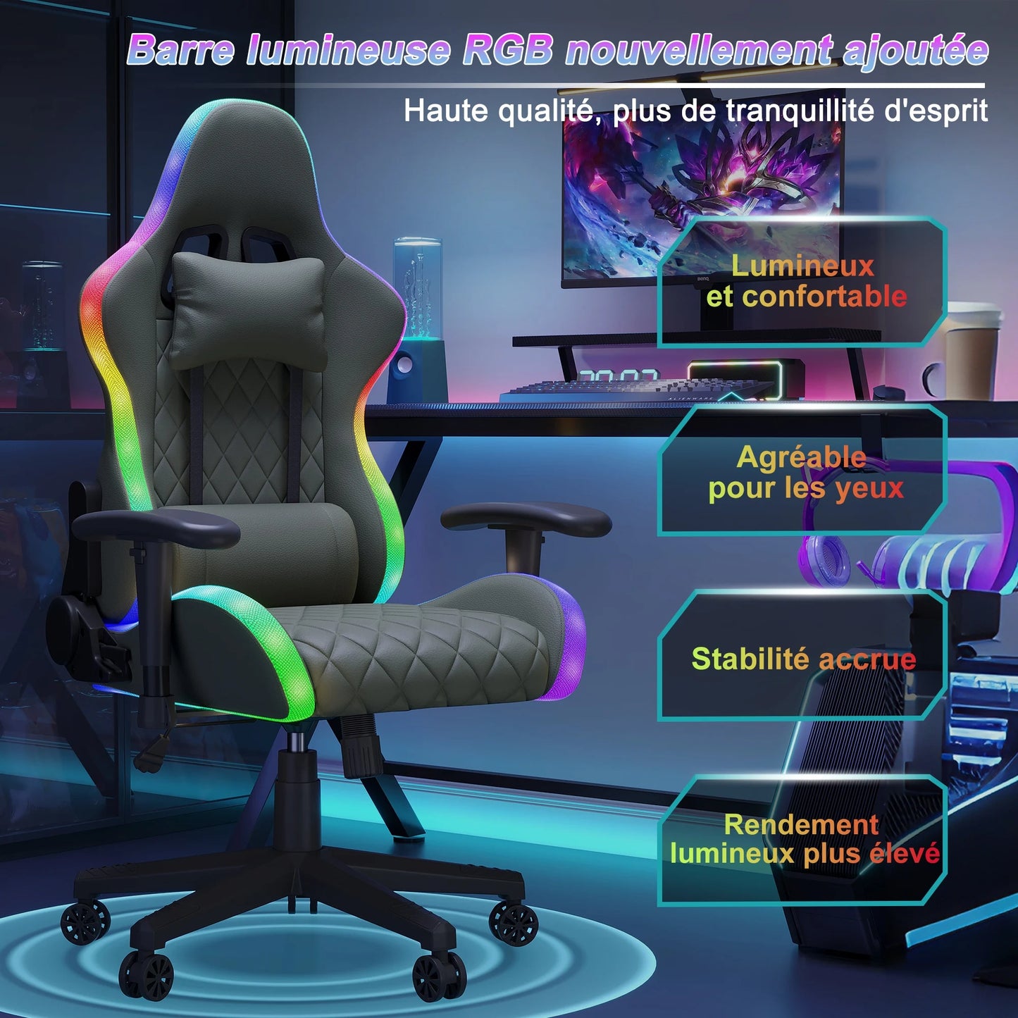 Ergonomic Office Chair with Lumbar Massage, RGB LED Lighting, Reclining Backrest, Adjustable Armrests & Executive Gaming Chair for Home Office