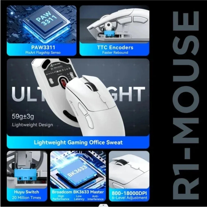 Rato ultraleve ATTACK SHARK R1 59g com PAW3311, 18000DPI, 400IPS, 40G, 1000Hz, Tri-Mode, controlador Broadcom BK3633, 20 milhões de cliques