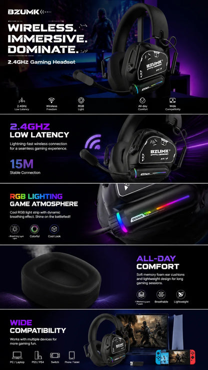 Casque de jeu sans fil BZUMK, écouteurs circum-auraux Bluetooth à faible latence avec micro, basses profondes, 50 mm, RGB, pour PC, PS4, PS5, ordinateur portable, gamer