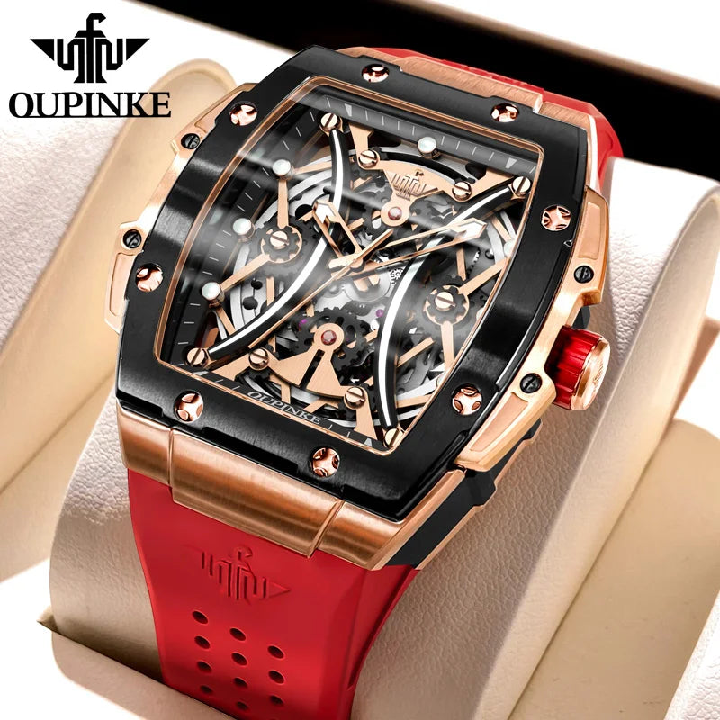 Reloj OUPINKE para hombre, clásico de lujo, esfera tonneau, marca premium original, movimiento mecánico automático, correa de silicona, cristal de zafiro, nuevo