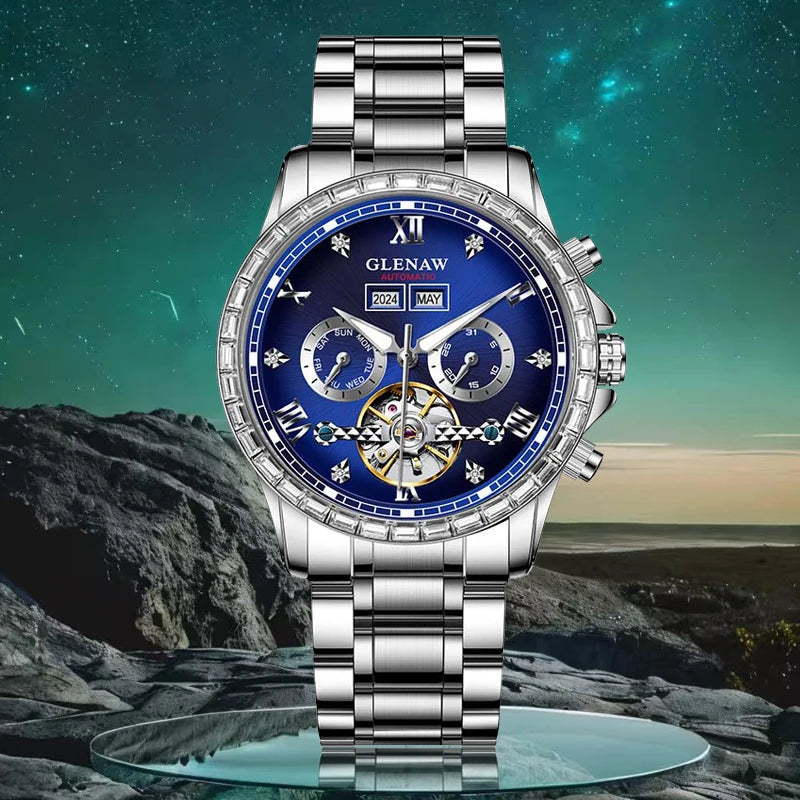 Relógio mecânico multifunções GLENAW – Modelo para homem, estilo empresarial e casual, bracelete em aço inoxidável, estanque, com calendário – Relógio de luxo
