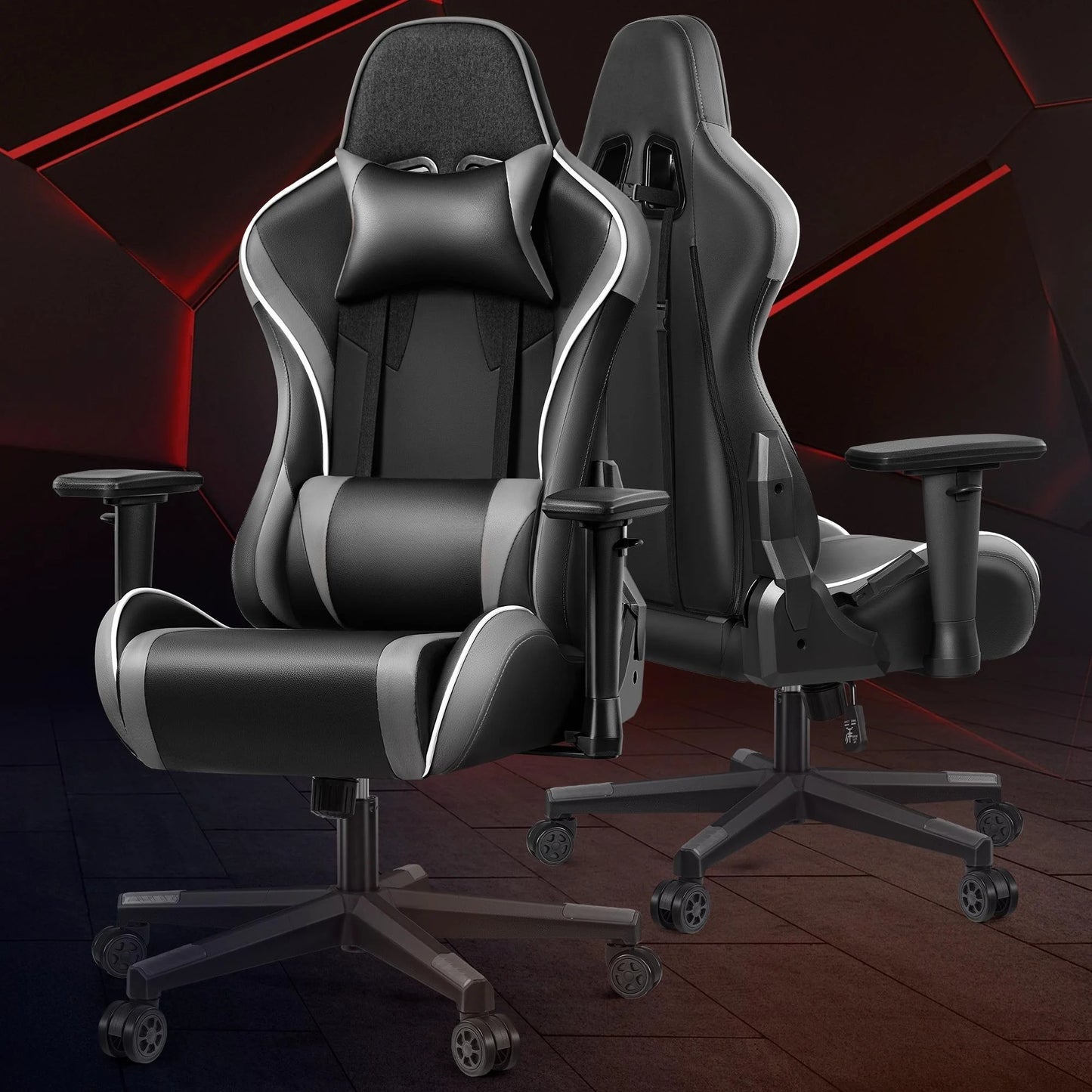 Gaming Chair, Ergonomic, with Headrest Lumbar Pillow, 135° Reclining, PU Leather Computer Chair, Black Gray