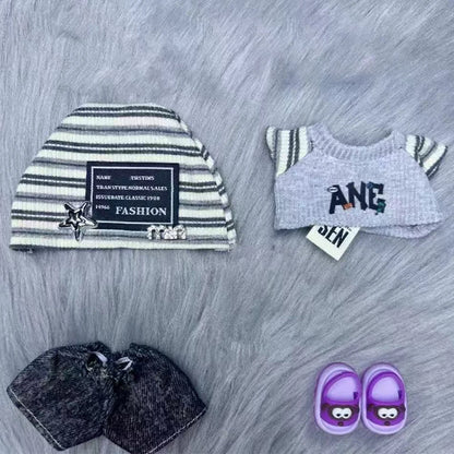 For Labubu 15-17cm Cloth Korean Grey Star Hat Suit Pull Bubu Baby Clothes 123rd Generation High-energy Hope Vinyl Doll Clothes