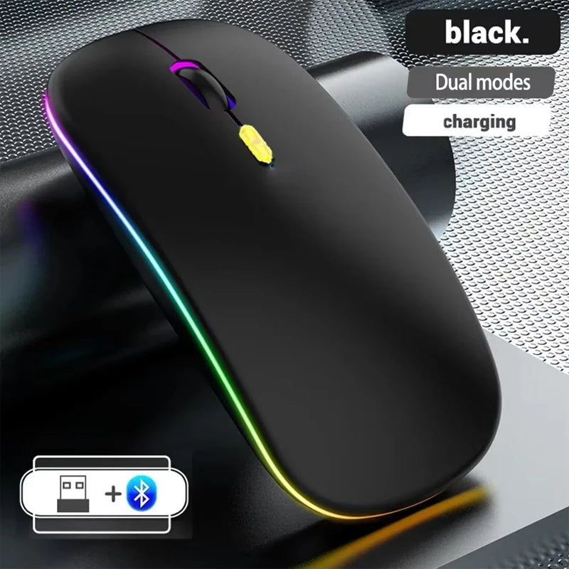 Rato sem fios recarregável de modo duplo, compatível com Bluetooth, 2.4G USB, para computador portátil, iPad, tablet e notebook, rato gaming