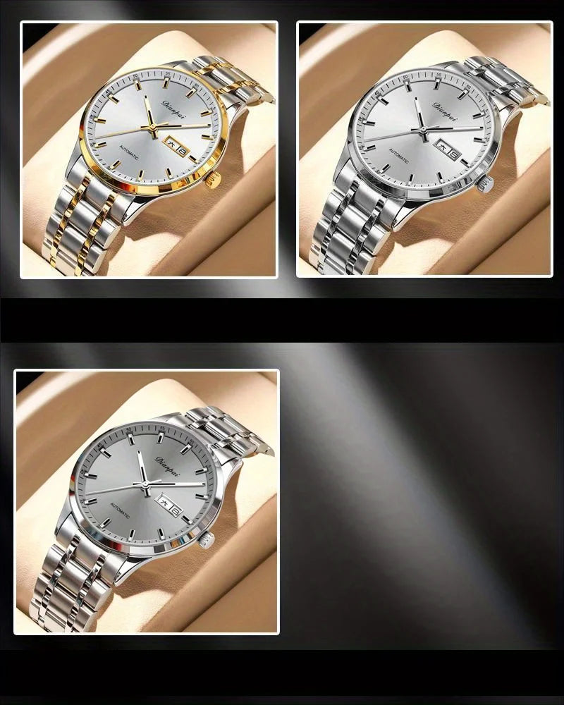Reloj mecánico automático para hombre Dianpai: modelo de lujo, esfera luminiscente, diseño clásico y elegante, de acero inoxidable, resistente al agua, con calendario e indicación del día de la semana