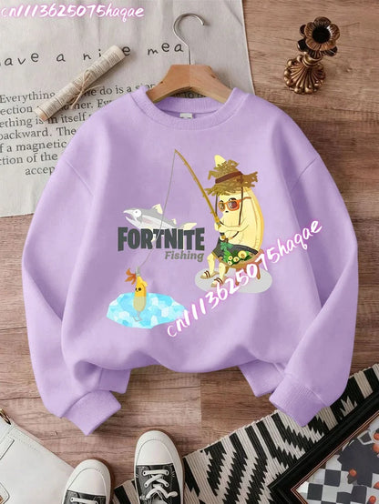 Sweat-shirts Fortnite novos para criança, hoodie com estampado de personagem de jogo em estilo cartoon, camisolas casuais de outono para criança, roupa de inverno para bebé menino