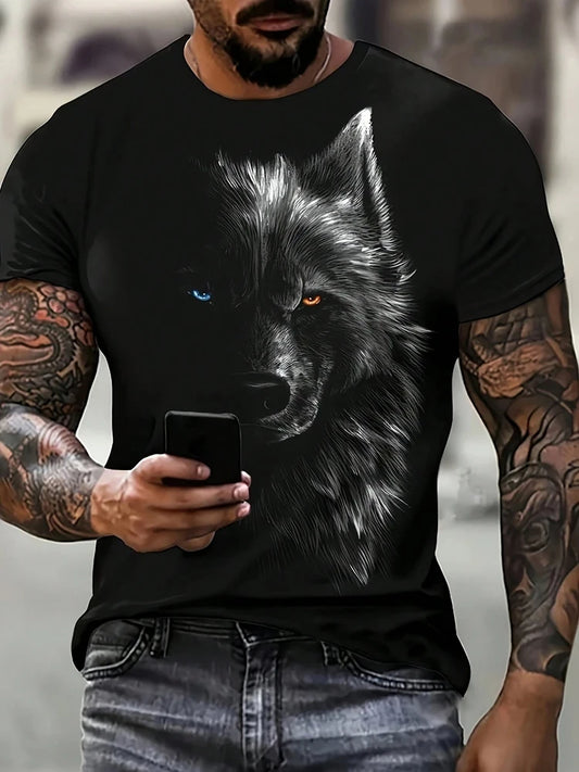 T-shirt de homem com estampado de lobo e olhos diferentes — T-shirt casual diária masculina, moda urbana streetwear, manga curta, verão, desporto ao ar livre