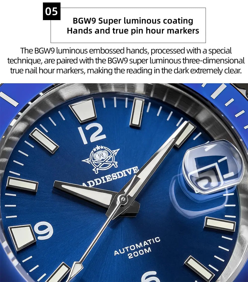 ADDIESDIVE New Diving Gift Watch Men 8215 Automatic Sapphire AR Coated Glass Ceramic Bezel Waterproof 200m Luminous Stainless St