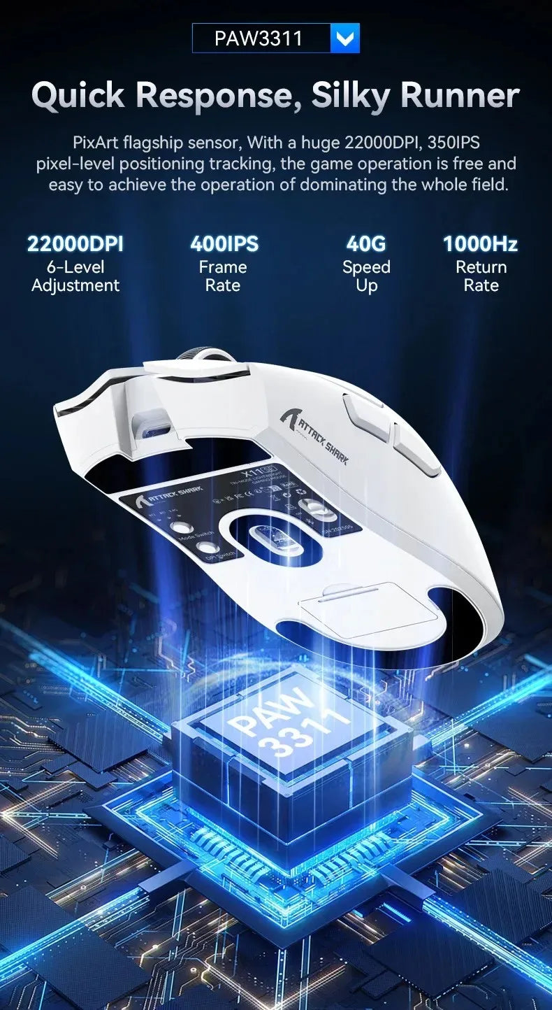 ATTACK SHARK X11SE Ultra-Light Wireless Gaming Mouse,20Million cycles life,PAW3311 Gaming,22KDPI,400IPS,40G,1KHz,65 Hours,30mAH