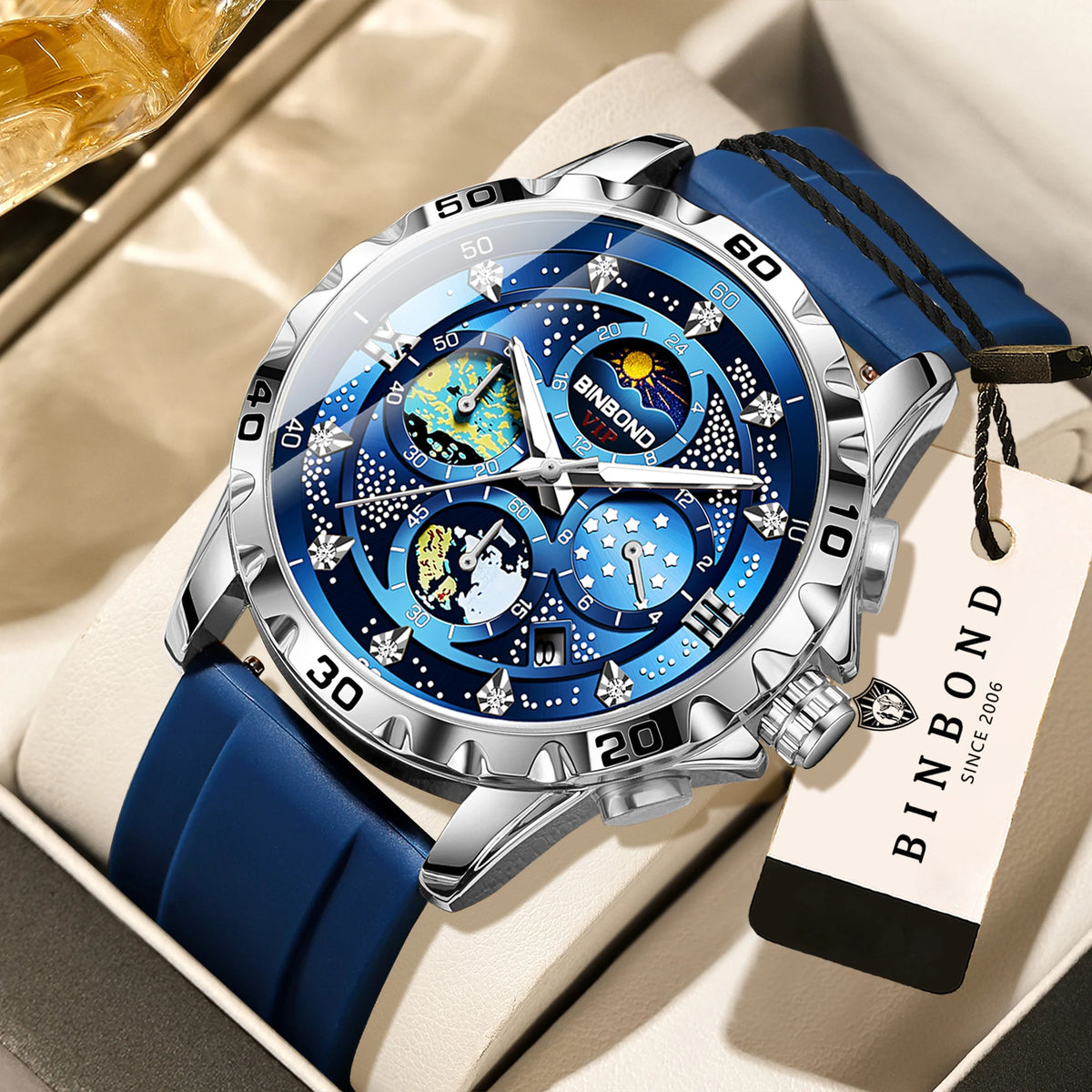 Luxe BINBOND-kwartshorloges voor heren, verlicht, waterdicht, chronograaf met automatische datum, zakelijke, sportieve en casual stijl