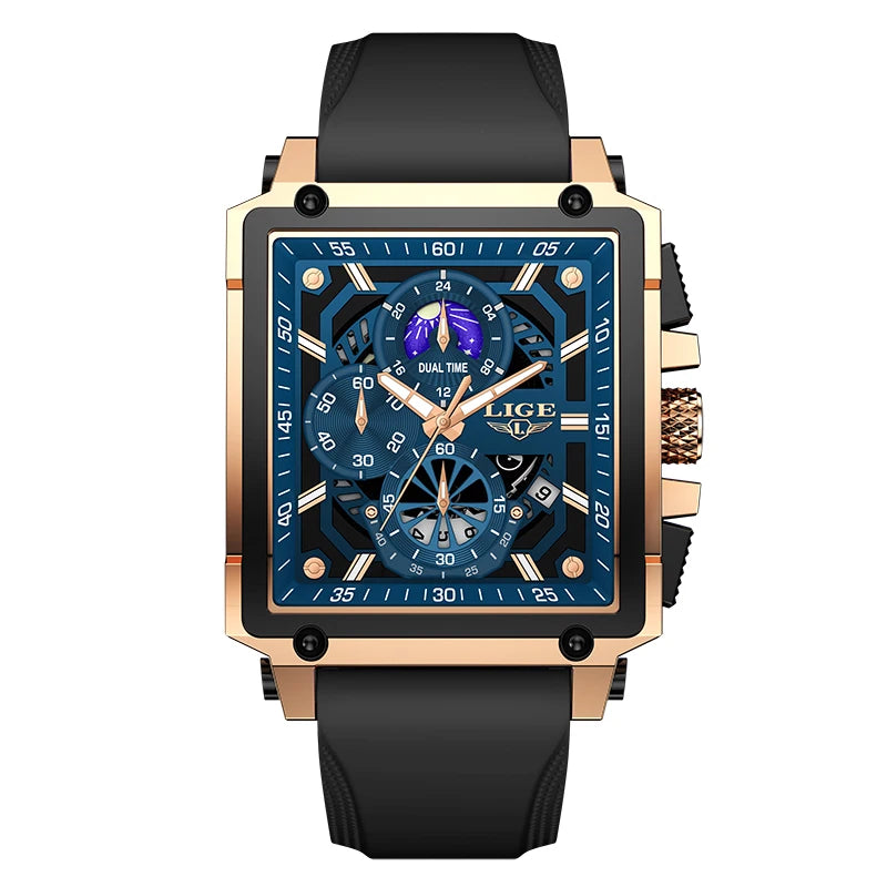 New LIGE Mens Watches Top Brand Luxury Hollow Square Sport Watch For Men Fashion Silicone Strap Waterproof Quartz WristWatch+Box
