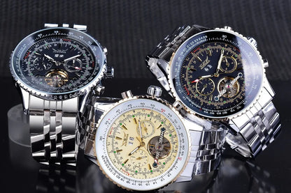 Luxusní retro automatické mechanické hodinky JARAGAR 034, tourbillon, vyprázdněná skeletová konstrukce, nerezová ocel, týdenní kalendář, pánské hodinky