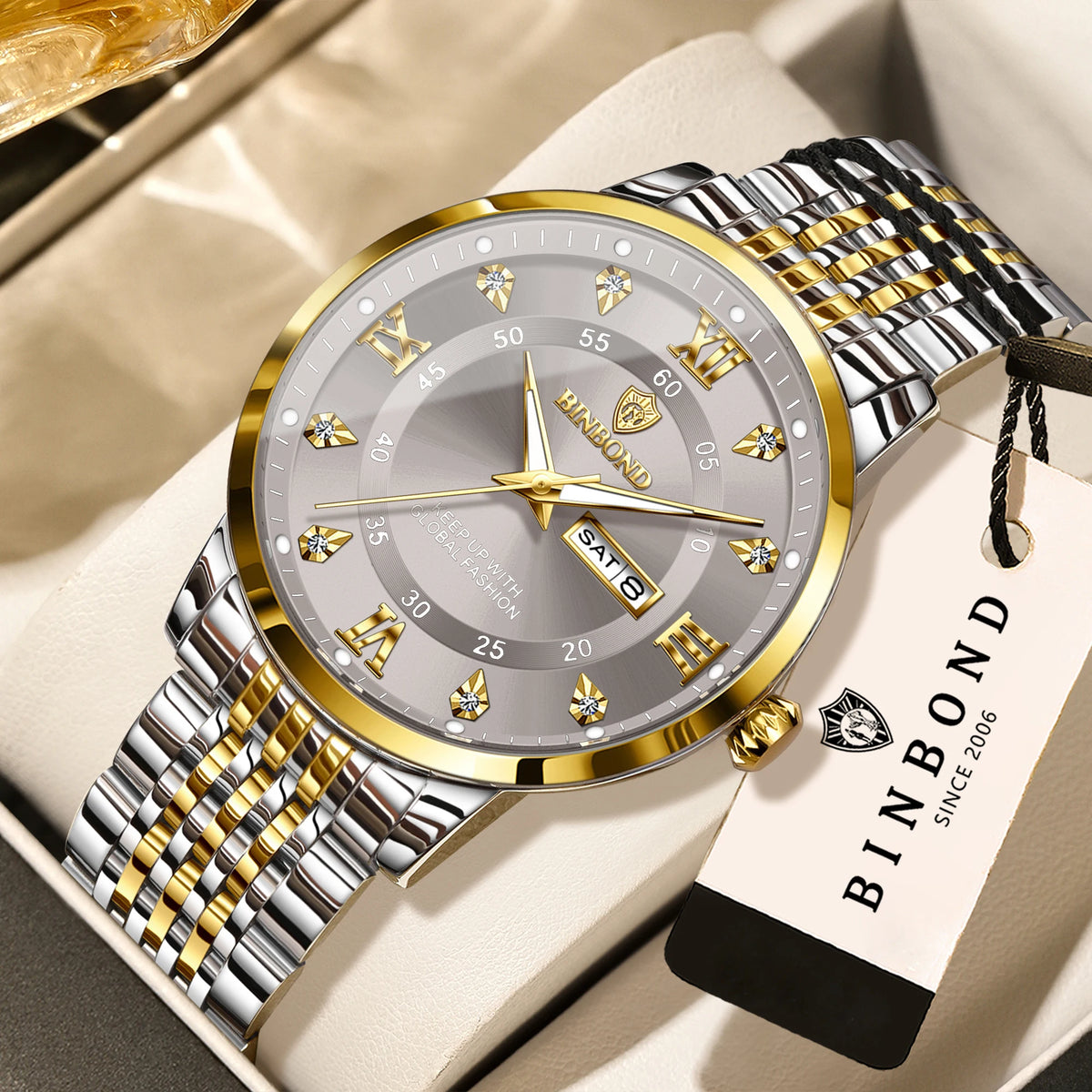 Luksuzna moška kvarčna zapestna ura BINBOND – vodotesna, osvetljena, s prikazom dneva v tednu – poslovni, športni, modni in sproščen stil