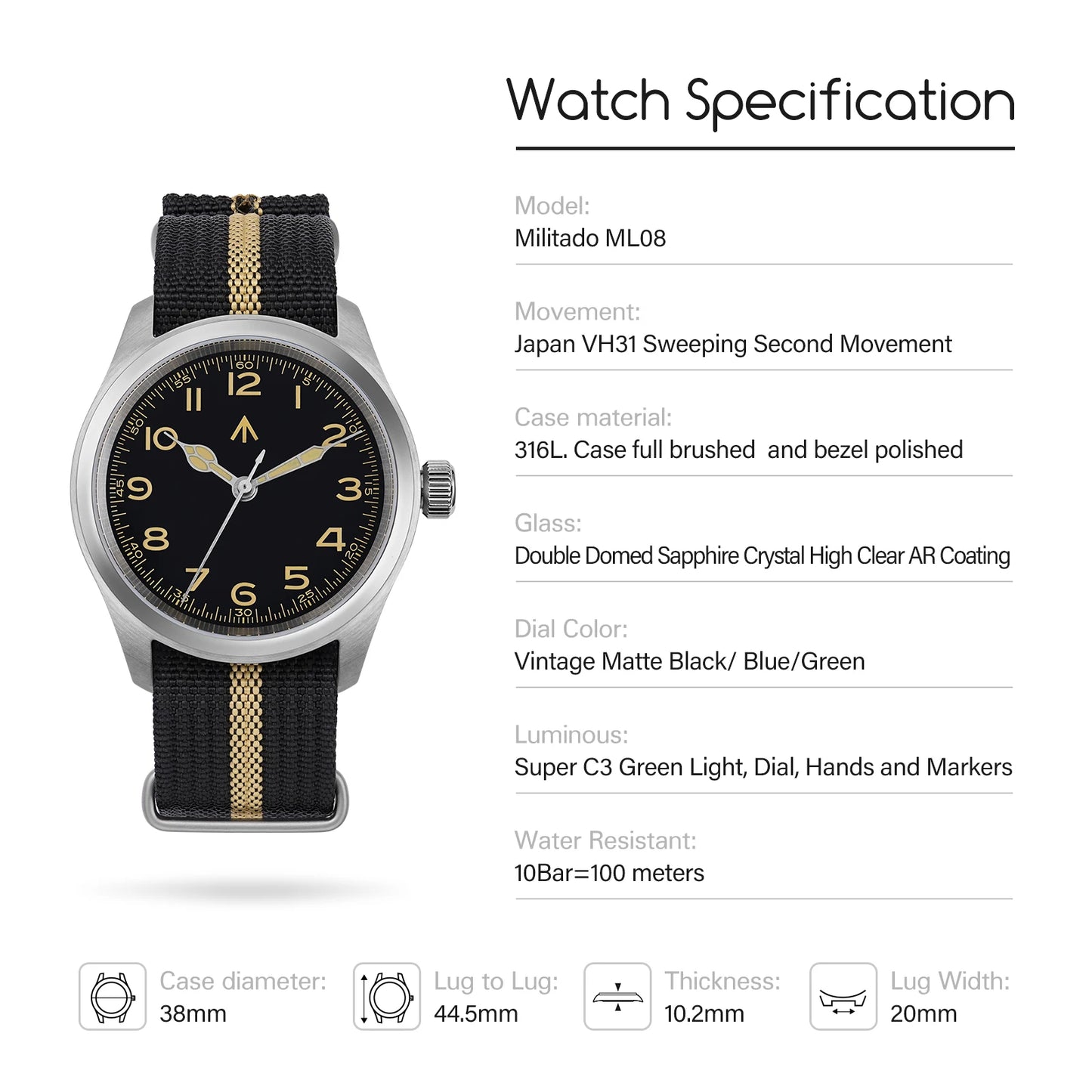 Militado ML08 Vintage Black Watch VH31 Sweep Quartz Wristwatch Ar Sapphire Crystal Luminous C3 BGW9 100 Waterproof Watches Man