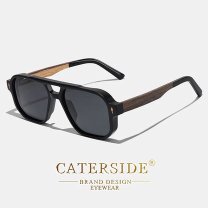 CATERSIDE Fashion Men Polarized Sunglasses Retro Luxury Brand Design Solid Wood Temple Sun Glasses Women Driving Party Glasses