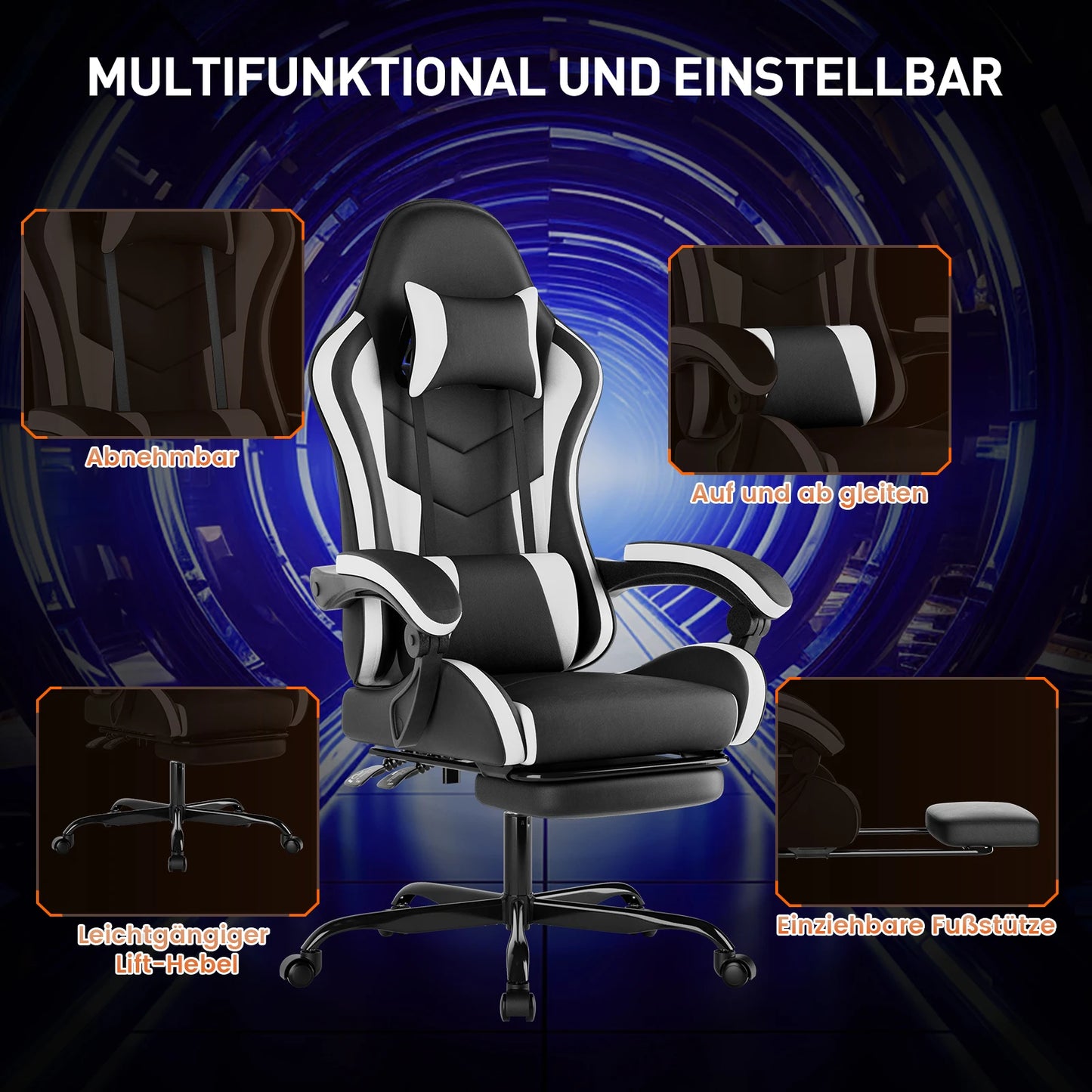 WOTSTA Gaming Chair with Footrest Gamer Chairs Ergonomic with Lumbar Cushion Headrest Height Adjustable Computer Chair