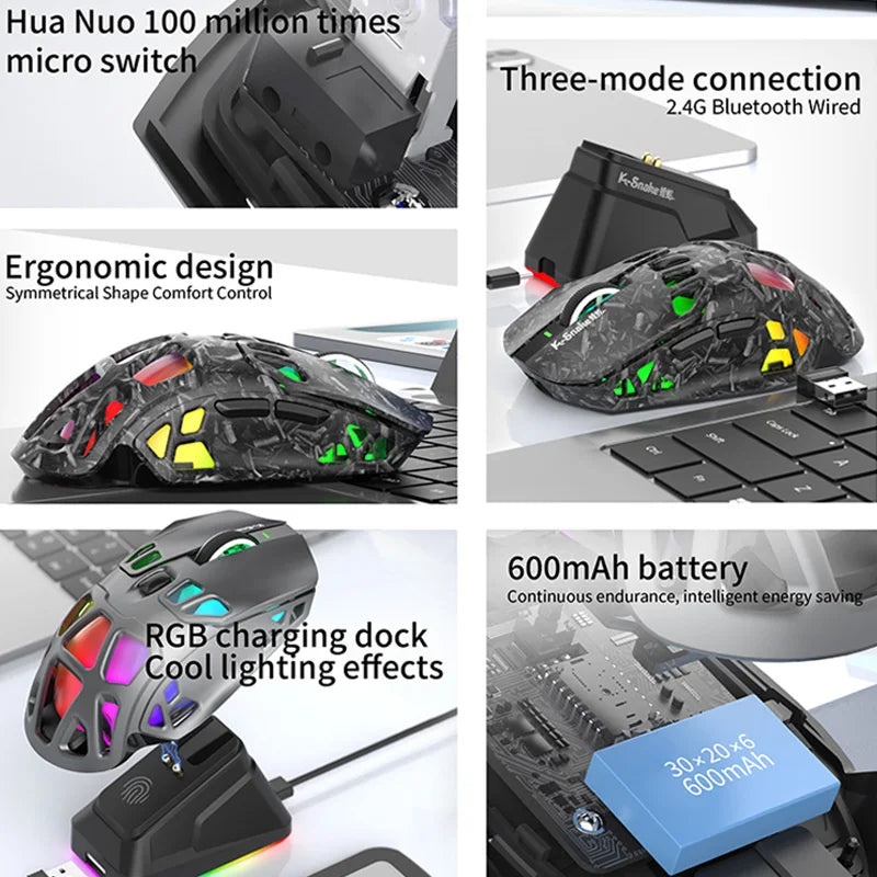 Lenovo Tri-Mode Gaming Mouse Wireless with RGB Charging Dock, 12000DPI Ergonomic Rechargeable Mouse, Bluetooth 2.4G USB Mouse for PC Laptop
