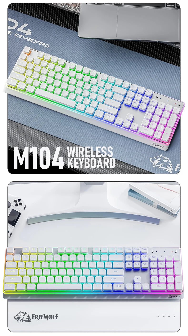 Freewolf M104 Tri-Mode Wireless Keyboard RGB 104 Keys Ultra Slim Quiet Membrane 4000mAh Large Battery for Office & Home