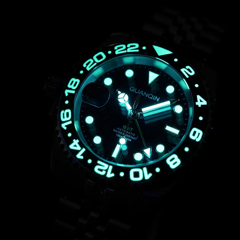 GUANQIN GMT Reloj para hombre 2025 nuevo reloj automático para hombre NH34 reloj mecánico de pulsera con cristal de zafiro y acero inoxidable para mano izquierda