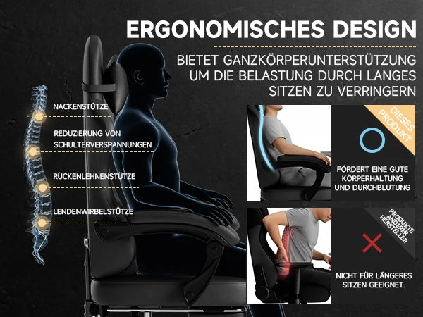 Silla gaming ergonómica PINGGO con reposapiés, masaje y cuero PVC, silla de oficina para PC gaming, capacidad de carga 150kg