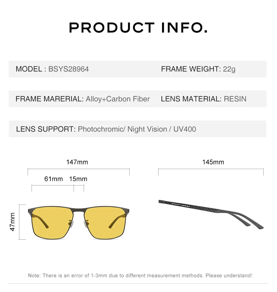CAPONI Top Quality Night Vision Sunglasses For Men Women Carbon Fiber Frame Square Glasses UV400 lenses Goggles BSYS28964