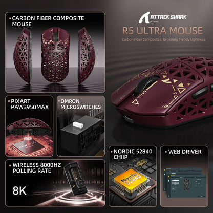 ATTACK SHARK R5 Ultra Carbon Fiber Wireless Gaming Mouse, PixArt PAW3950MAX Gaming Sensor, 42000DPI, 8000Hz, MCU Nordic 52840