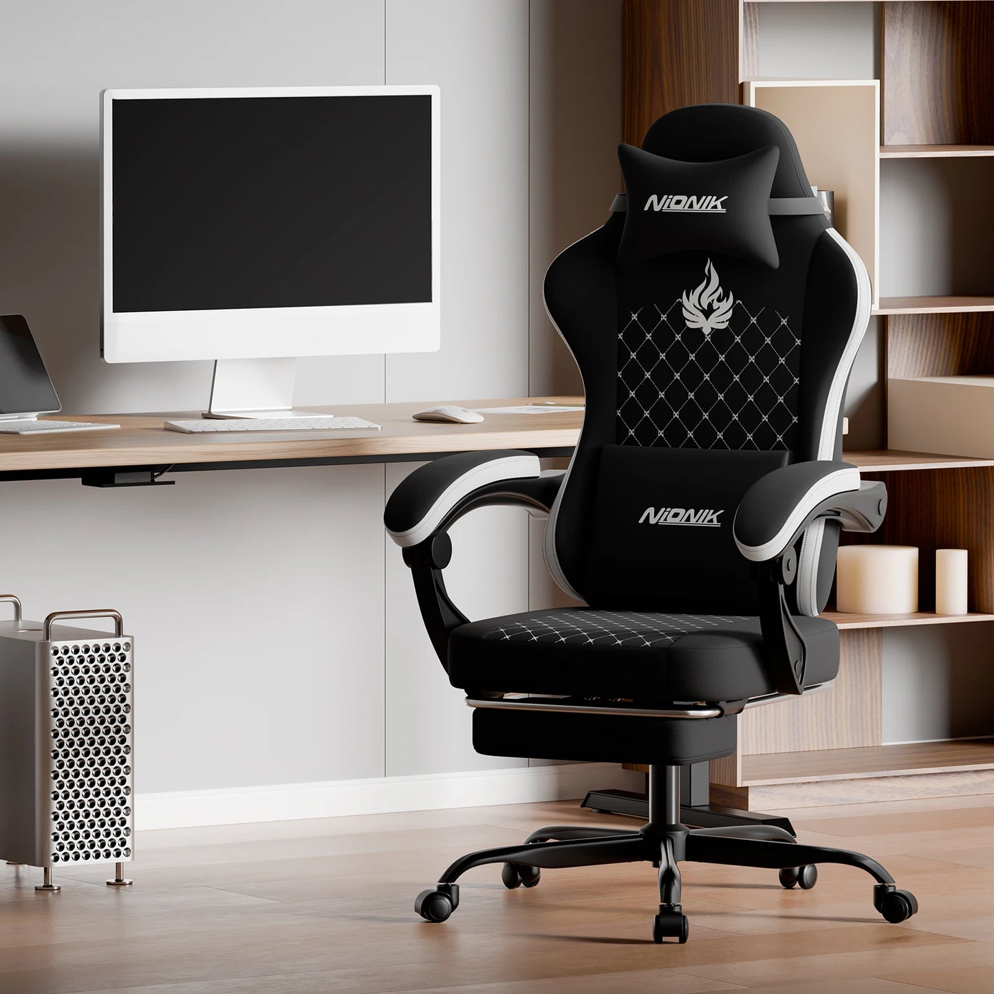 Gaming Chair High Back Ergonomic Office Chair with Footrest, Reclining Computer Gaming Chair, Adjustable Swivel Executive Desk Chair with Lumbar & Headrest Support