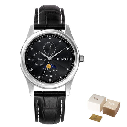 BERNY Men's Watch Date Weeks Moon Phase Quartz Watches for Men Stainless Steel Leather Strap Business Wristwatch Male Clock