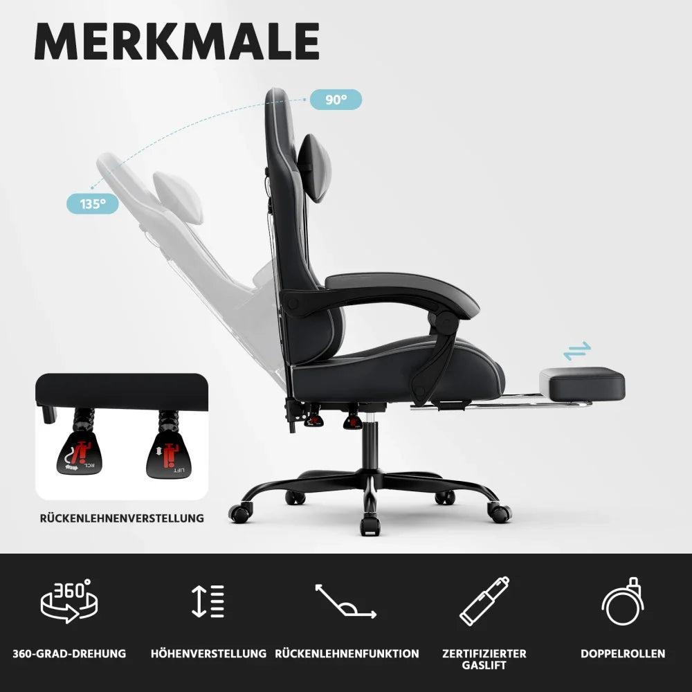 Ergonomic Gaming Chair with Lumbar Support, Breathable PU Leather Gaming Chair, Reclining Computer Gaming Chair with Footrest & Adjustable Height