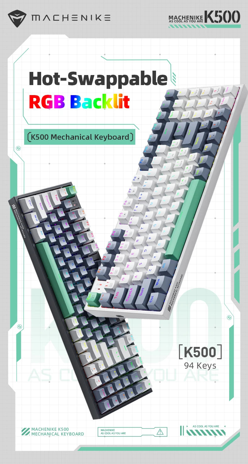 Tastiera meccanica MACHENIKE K500 cablata da gaming K500-B94 Hot Swappable, 94 tasti, layout 90%, retroilluminazione RGB per PC e laptop