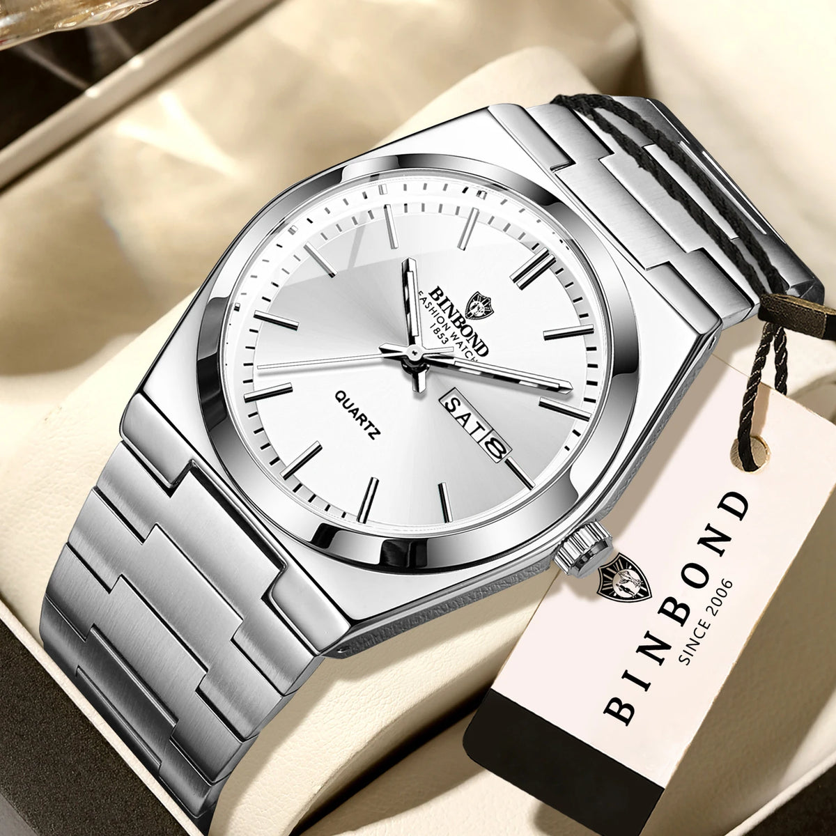 Montre-bracelet à quartz de luxe BINBOND, lumineuse, étanche, jour de la semaine, date automatique, bracelet en acier, style business, sport, mode et décontracté.
