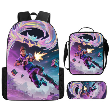 Set Fortnite Cartoon de 3 piezas, gran capacidad, adecuado para niños y niñas de 5 a 8 años, incluye mochila, bolsa para comida y estuche para lápices