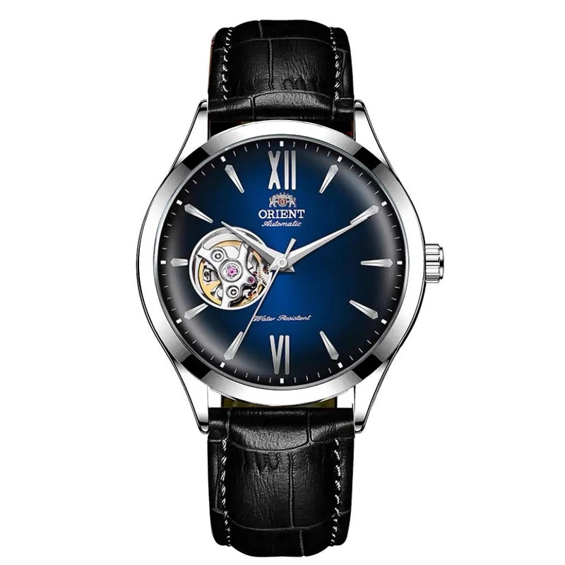 Orient Men's Automatic Open Heart Watch Blue Dial Stainless Steel Band Casual Dress Wristwatch 30M Water Resistant Fashion Watch